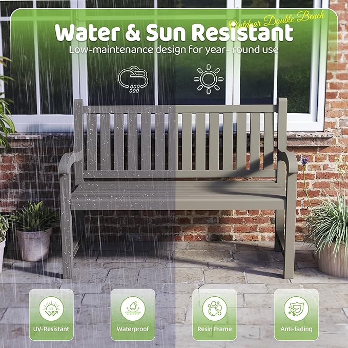 ROJIK Outdoor Bench Resin Patio Chairs Waterproof 2-Person Slatted Chairs with Sturdy Frame - Photo 4