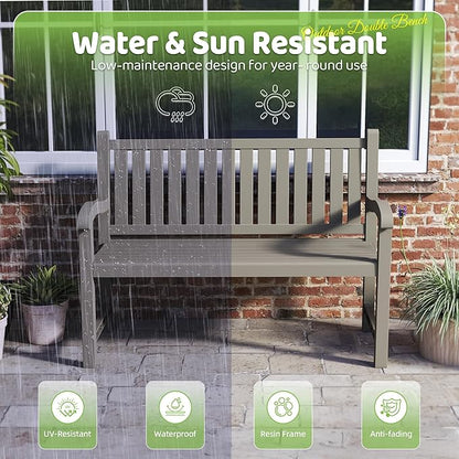 ROJIK Outdoor Bench Resin Patio Chairs Waterproof 2-Person Slatted Chairs with Sturdy Frame, Comfortable Seating for Garden Backyard Porch and Park(Grey)