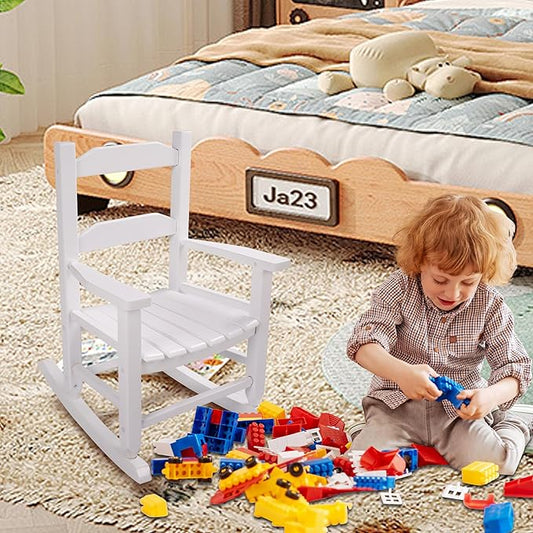 Toddler Rocking Chair Kids Wooden Indoor for Comfy Recliner Rocker for Baby Ages 3-6 Outdoor Lounge Children Playroom Anti-Tip Design Safe & Sturdy White