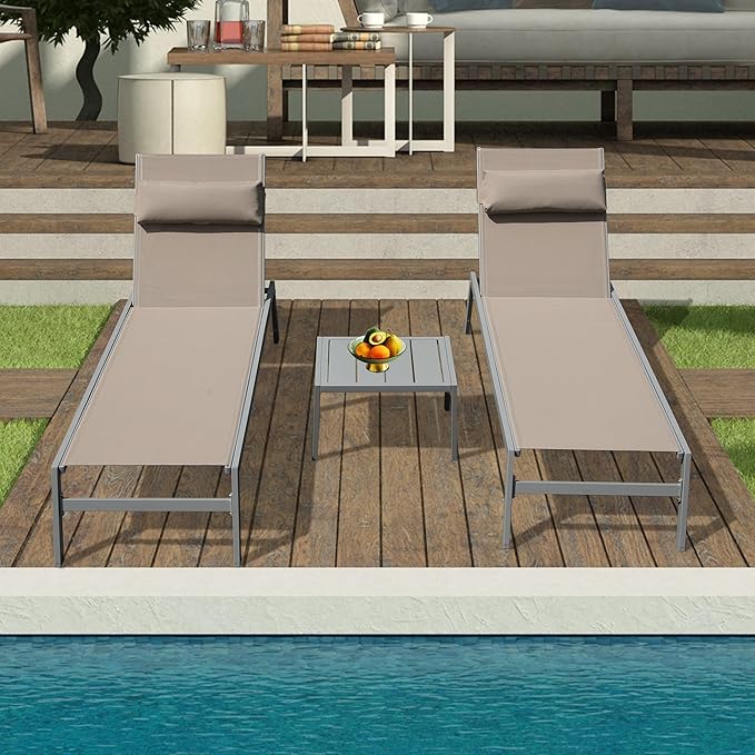 Domi Patio Chaise Lounge Set of 3, Aluminum Pool Lounge Chairs with Side Table - Photo 8