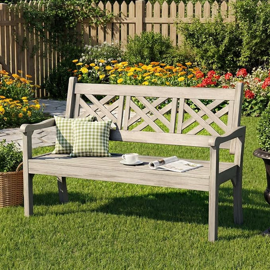 Psilvam 54''W All-Weather Poly Lumber Outdoor Bench, 3-Person Garden Bench with Decorative Backrest & Curved Armrests, Anti-Rot & Fade-Free Patio Bench for Porch, Backyard, and Park(Grey)