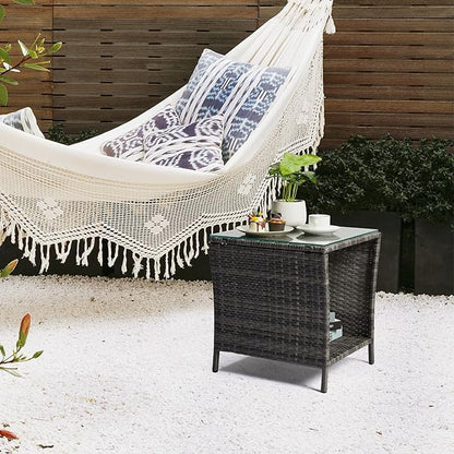 Wicker Rattan Side Table, Outdoor Square Rattan Coffee End Table with Tempered Glass Top and Storage for Patio Porch Lawn (Gray)