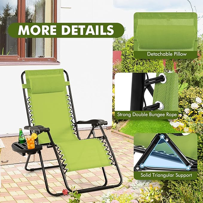 Giantex Zero Gravity Reclining Chair, Outdoor Patio Recliner with Cup Holder & Removable Pillow, Adjustable Backrest, Indoor Lounge Chair for Backyard, Garden, Poolside (Green)