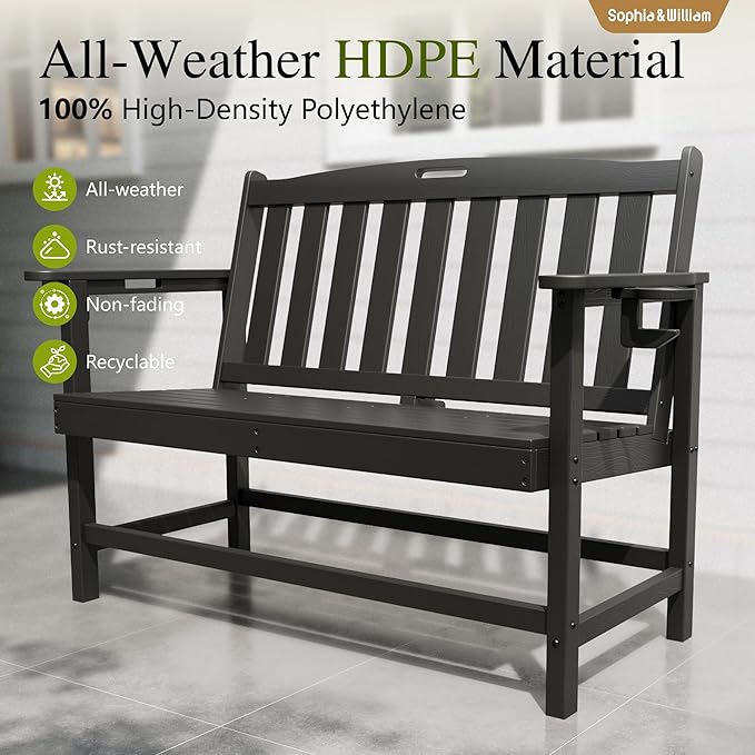 Sophia & William HDPE Outdoor Bench Weatherproof, 2-Person Garden Bench with Cup Holders, 700 lbs Capacity, Patio Benches for Porch, Garden, Backyard and Park, Black