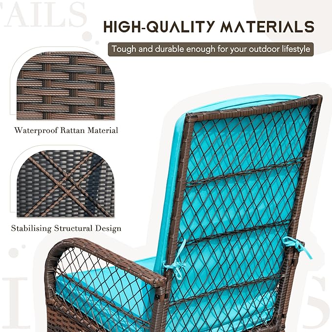 Devoko Outdoor Rocking Chairs 3 Piece Patio Furniture Set with Side Table & Cushions, Wicker Porch Rocker Bistro Set High Back for Balcony, Backyard, Garden (Blue)