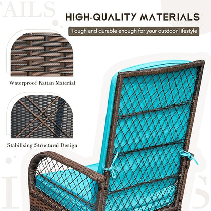 Devoko Outdoor Rocking Chairs 3 Piece Patio Furniture Set with Side Table & Cushions, Wicker Porch Rocker Bistro Set High Back for Balcony, Backyard, Garden (Blue)