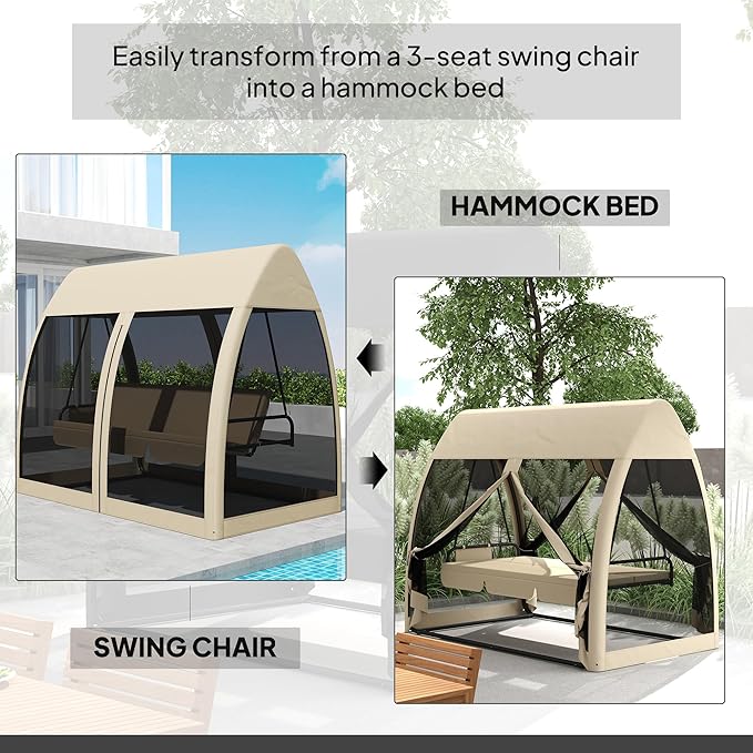 Outsunny 3-Seat Patio Swing Chair, Porch Swing Bed with Convertible Backrest, Cushion, Canopy - Photo 3