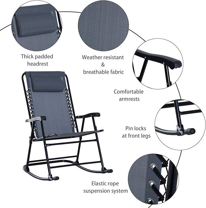 Outsunny 3 Piece Outdoor Rocking Bistro Set, Patio Folding Chair Table Set with Glass Coffee Table for Yard, Patio, Deck - Photo 6