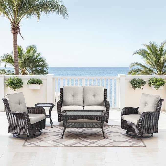 Patio Loveseat Glider Set, Resin Wicker Loveseat Glider with 2 Swivel Patio Chiars Coffee Table and Side Table, 5 Piece - Photo 1