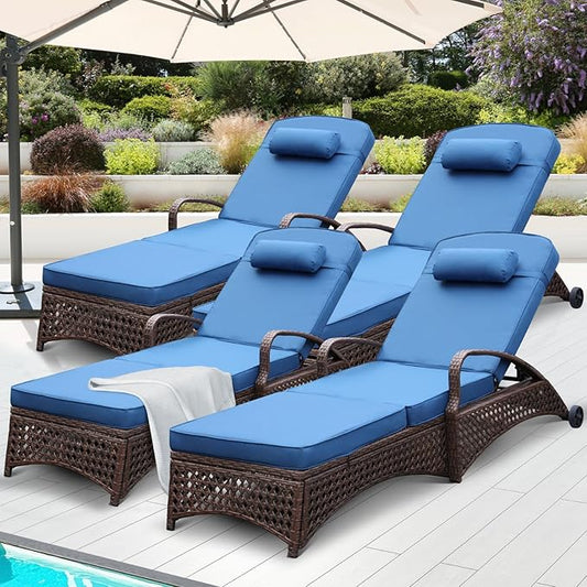NOBLEMOOD Chaise Lounge Outdoor Wicker Lounge Chair with Wheels, Adjustable 6 Position Pool Reclining Chair with Blue Thickened Fabric Cushion & Pillow, Pack of 4