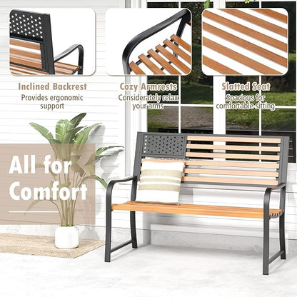 Giantex Outdoor Bench, 2-Person Metal Garden Bench with American Flag Backrest, Curved Armrests & Slatted Seat, 660 Lbs Capacity, Outdoor Bench for Lawn, Porch, Yard, Park Bench