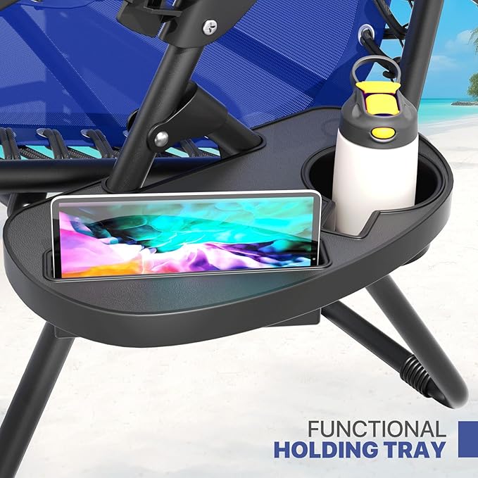 Magshion Folding Zero Gravity Chairs Set of 2, Outdoor Reclining Camping Chairs, Patio Lounge Recliners with Side Table & Cup Holder Tray, Blue