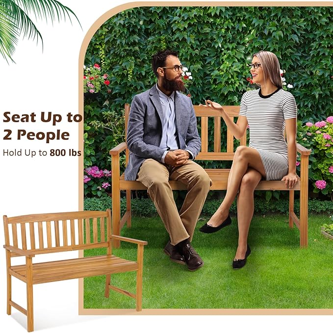 Wooden Garden Bench, Outdoor Bench Acacia Wood with Slatted Seat, Comfy Backrest & Armrest, 2-Person Loveseat Patio Bench for Porch Balcony Backyard Park, 800 LBS Max Load (43” x 22" x 34")