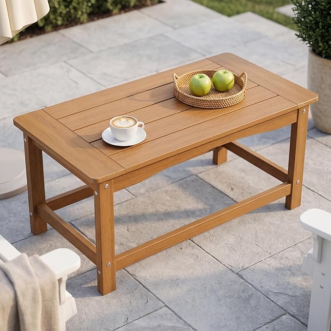 Outdoor Coffee Table for Patio, 35 Inch Rectangle Patio Coffee Table, Teak All-Weather Poly Lumber Small Outdoor Table - Photo 1