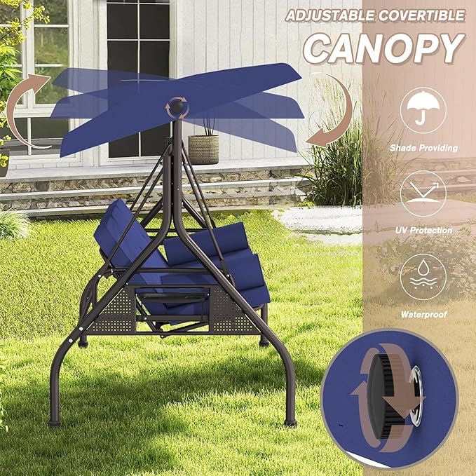 3 Seat Outdoor Porch Swing Bench, Adjustable Canopy Swing Chair - Photo 7