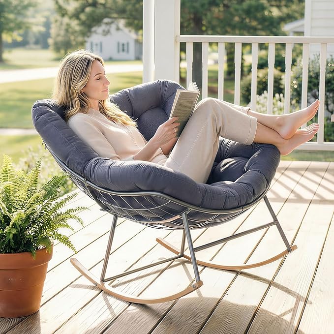 Oversized Outdoor Rocking Chair, Egg Patio Papasan Chair, Comfy Rocker Reading Lounge, for Porch, Garden, Bedroom, Living Room, Balcony, Indoor, Dark Gray