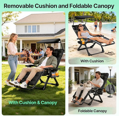 Suteck Zero Gravity Chair with Canopy, Reclining Camping Lounge Chair w/Removable Cushion, Upgraded Lock and Cup Holder, Reclining Patio Chairs Folding Recliner for Indoor and Outdoor