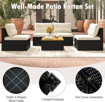 Tangkula 5 Piece Rattan Sofa Set, Patiojoy Outdoor Wicker Furniture Set with Seat & Back Cushions, Square Coffee Table, Patio Sectional Sofa Set for Backyard, Poolside, Garden