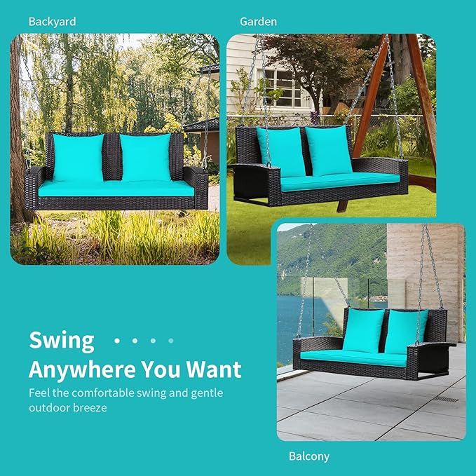 RELAX4LIFE Porch Swing 2-Seat Patio Rattan, Wicker Porch Swings Outdoor W/Two 7.9 Ft Solid Steel Chain - Photo 9