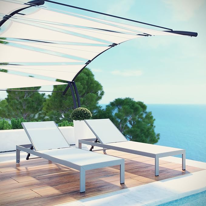 Modway Shore Aluminum Textilene® Mesh Outdoor Patio Two Poolside Chaise Lounge Chairs in Silver White