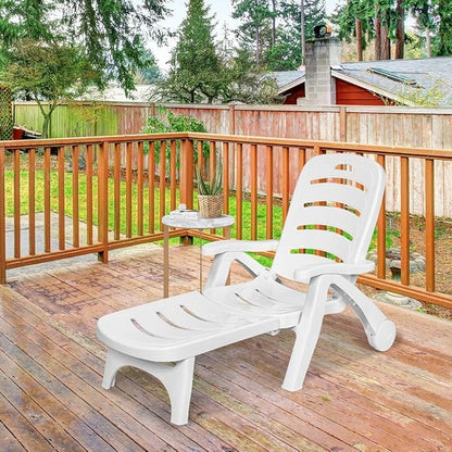 LDAILY Moccha Plastic Folding Lounge Chair, 5-Position Adjustable Chaise Lounge with 2 Rolling Wheels, Armrest, Outdoor Chaise Chair for Patio, Beach, Backyard, Poolside, Home (1, White)