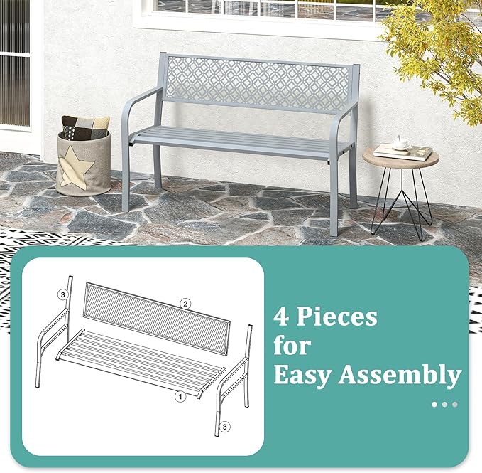 Tangkula 50 Inches Outdoor Garden Bench, Metal Patio Park Bench with Geometric Lattice Backrest, Armrests and Slatted Seat, Outdoor Loveseat Chair for Porch, Lawn and Yard (Grey)