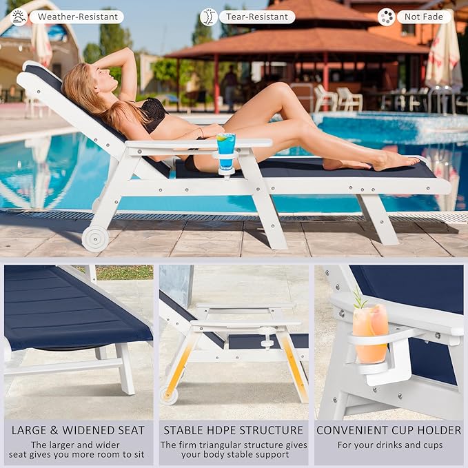 Outdoor Chaise Lounge Chair with Textilene Surface, 5-Position Adjustable Patio Lounge Chair with Wheels & Cup Holder, HDPE Pool Lounge Chair for Outside, Poolside & Beach (Dark Blue+White, 1)