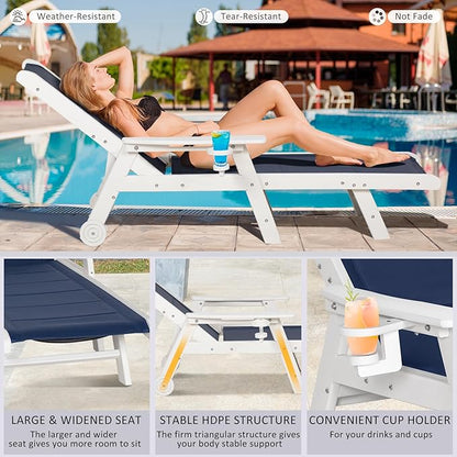 Outdoor Chaise Lounge Chair set of 2, 5-Position Adjustable Patio Lounge Chair with Wheels & Cup Holder, HDPE Pool Lounge Chair with Textilene Surface for Outside, Poolside (Dark Blue+White, 2)