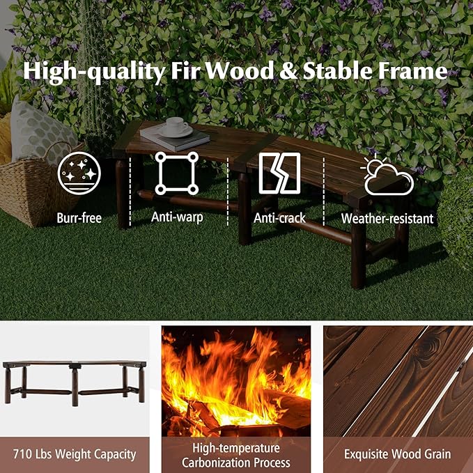 Moccha Outdoor Curved Bench, Carbonized Wood Fire Pit Bench with Slatted Seat, Loveseat, Rustic Wood Outside Chair, Patio Backless 2-Person Seating for Yard Deck Porch, 710 LBS Max Load (4)