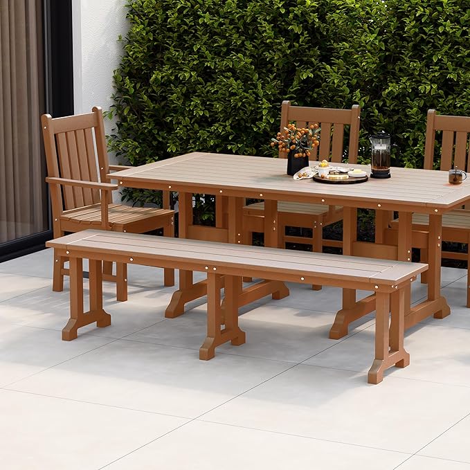 WestinTrends Malibu 65" Outdoor Dining Bench, All Weather Resistant Poly Lumber Patio Garden Bench Trestle Long Bench for Both Outdoor and Indoor, Teak