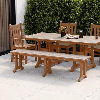 WestinTrends Malibu 65" Outdoor Dining Bench, All Weather Resistant Poly Lumber Patio Garden Bench Trestle Long Bench for Both Outdoor and Indoor, Teak