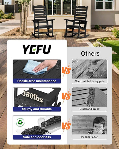 YEFU Outdoor Rocking Chair Set of 4,Poly Porch Rocker with Curved Backrest,All Weather Patio Rocking Chair,Like Real Wood,for Indoor,Lawn, Backyard,Garden,Heavy Duty,Weight Capacity 380lbs(Black)