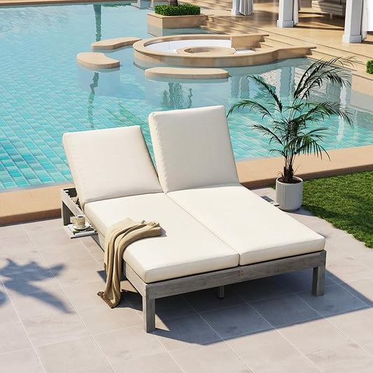 SOFTSEA Patio Double Chaise Lounge with 5-Position Adjustable Backrest, Outdoor Chaise Lounge with Cushions for 2 People, Wooden Outdoor Daybed with Folding Side Trays for Pool Backyard, Gray