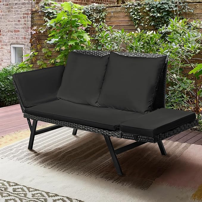 Greesum Outdoor Sofa, Woven Rattan Patio Furniture, Convertible Daybed or Double Chair with Adjustable Armrests - Photo 2
