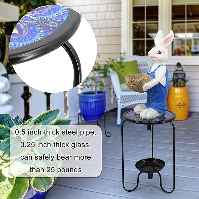 Modern Mosaic Mandala Pattern Glass Patio Table with Bottom Tray - Outdoor Side, Small Accent for Yard, Porch, Garden, Living Room, Coffee Tea, Plant Stand (Blue Mandala)