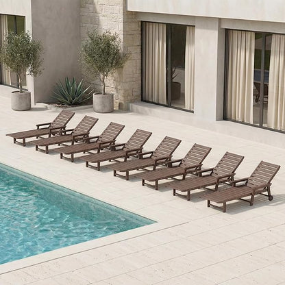 Adjustable Lounge Chair Outdoor Set of 8, HDPE Outdoor Chaise Lounge with Cup Holder & Wheels, Pool Lounge Chairs for Poolside, Backyard Pool, Patio, Beach, Deck, (Brown)
