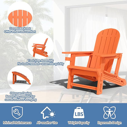 Shintenchi Adirondack Chair Set of 2,HDPE Adirondack Chairs with Umbrella Hole Connecting Tray & 2 Curved Ottoman,Plastic Outdoor Chairs with Cup Holders for Garden Backyard Pool,Orange