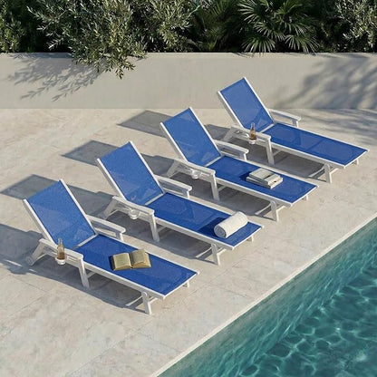 Patio Chaise Lounge Chair with Wheels & Cup Holder, HDPE Textilene Outdoor Lounge Chair 5 Positions Adjustable for Poolside Deck Patio Backyard (2, White Frame, Royal Blue Textilene)