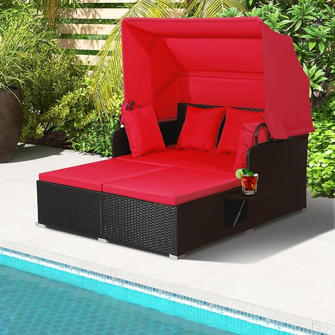 ORALNER Outdoor Daybed, 2-Person Wicker Patio Sofa with Retractable Canopy, Cushions & Pillows, 2 Side Trays - Photo 2