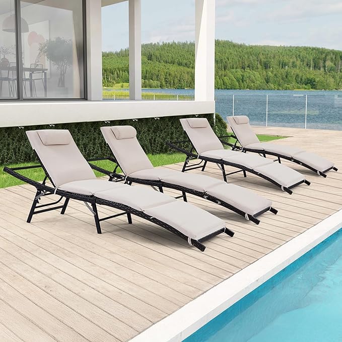 Patio Chaise Lounges Set of 4 with Adjustable Backrest and Removable Thick Cushions - Photo 1