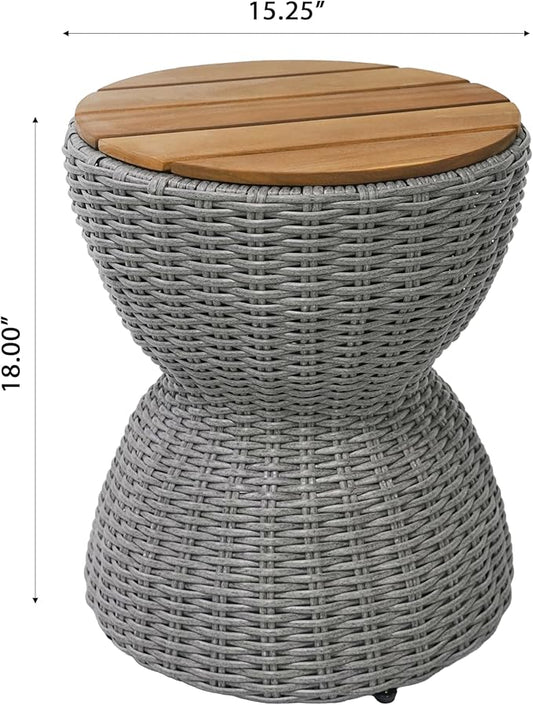 Christopher Knight Home Denhill 15.25" Outdoor Side Table, Round Patio End Table with Wood Top and Wicker Base, Small Outdoor Coffee Table for Balcony Garden, Accent Garden Stool, Grey+Natural