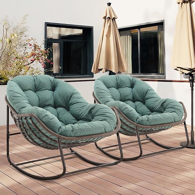 HOMEFUN Outdoor Patio Rocking Chairs Set of 2, Oversized Papasan Rock Chair Indoor with Padded Cushion - Rocker Egg Seat for Front Porch, Garden, Backyard Green