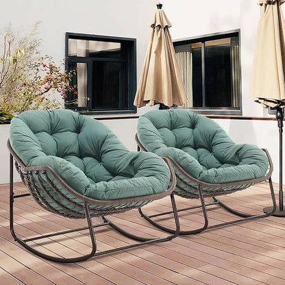 HOMEFUN Outdoor Patio Rocking Chairs Set of 2, Oversized Papasan Rock Chair Indoor with Padded Cushion - Rocker Egg Seat for Front Porch, Garden, Backyard Green