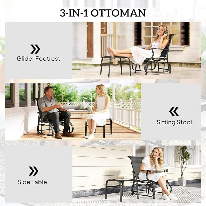 Outsunny Outdoor Glider Chair with Ottoman, Patio Glider Set with 24.4" High Back, 22" Wide Seat - Photo 7