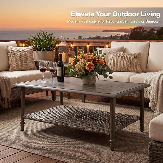 Outdoor Coffee Table, Heavy Duty Wicker Coffee Table, 2-Tier Patio Table with Storage, Patio Coffee Table for Garden Deck Balcony Poolside