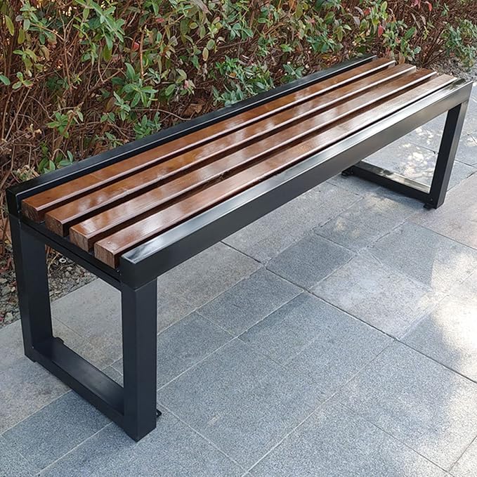 Garden Bench Park Slatted Seats Patio Loveseat, Outdoor Wooden Backless Porch Bench Metal Frame Chair - Photo 1