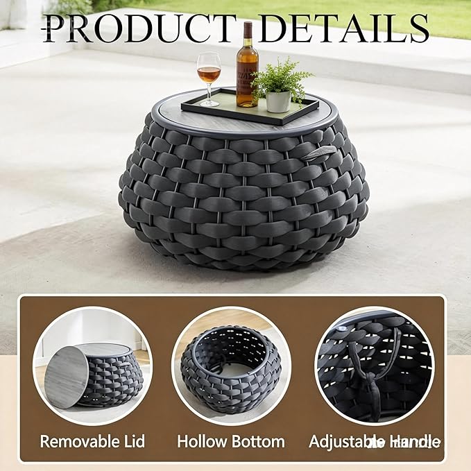 Large Round Outdoor Wicker Side Table, 28 Inches Patio End Table with Removable Wood Top, Outside Coffee Table, All-Weather Metal Frame, Hollow Out Bottom Storage, for Balcony, Porch, Garden, Gray
