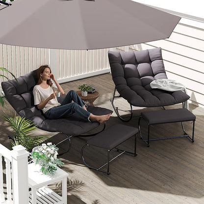 Upholstered Outdoor Rocking Chairs, Modern Patio Rocking Chair Set of 2 with Foot Rest, Sturdy Metal Papasan Rocking Chair, Cozy Rockings Recliner Chair for Bedroom/Living Room/Lawn, Gray