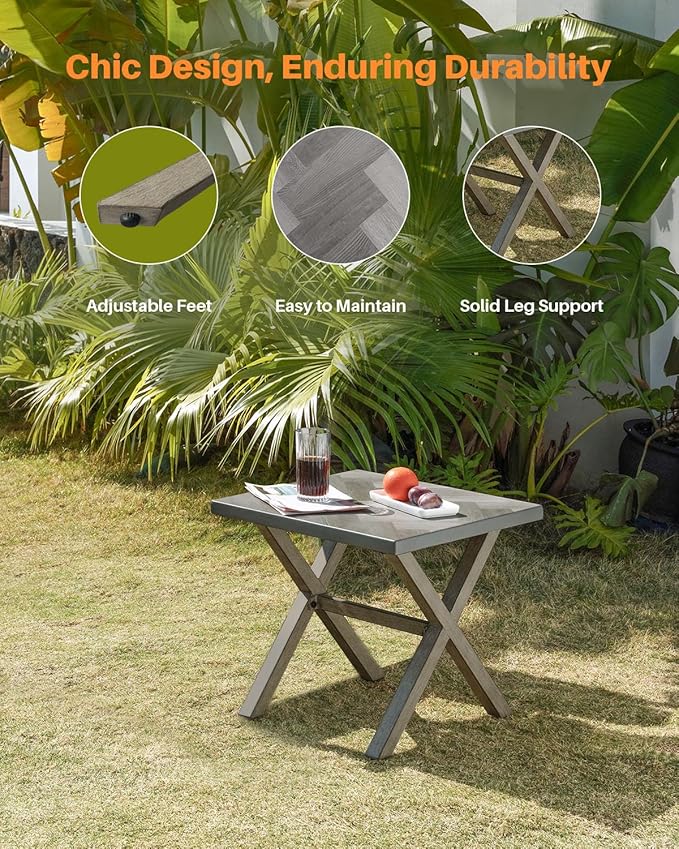 Aluminum Outdoor Side Table, Anti-Rust Outside Patio Side Table with Resin Tabletop, Modern Weather Resistant Square Patio End Table for Yard, Garden, Poolside, Limed Oak
