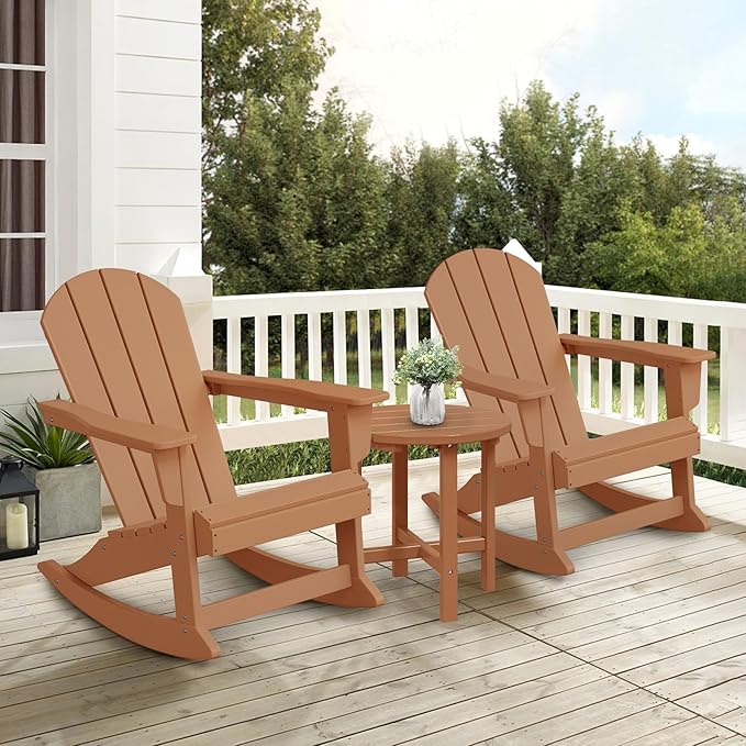 Costaelm Outdoor Adirondack Chair Set of 2, All Weather Resistant Classic Balcony Chair and Fire Pit Chairs, Adirondack Plastic Outdoor Porch Furniture Rocking Chair High Back HDPE Poly Lumber, Teak